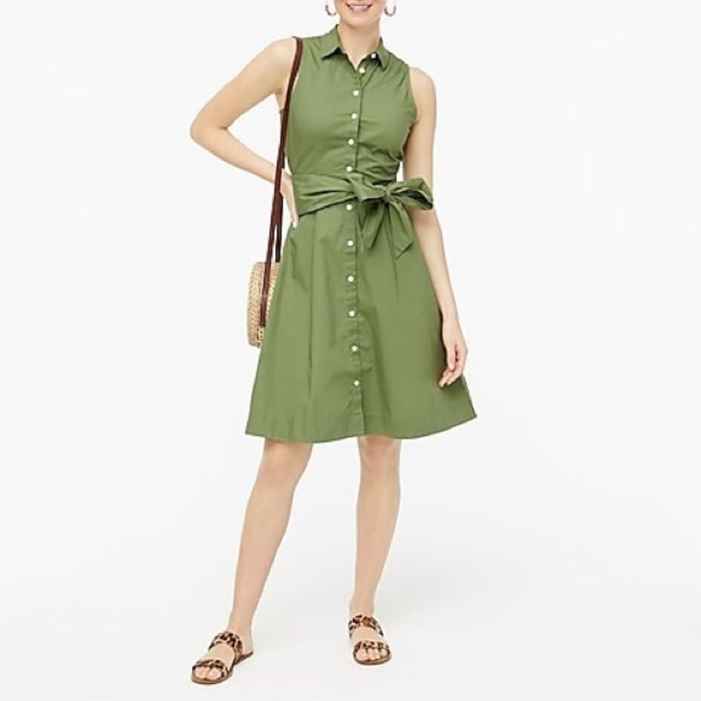 J Crew Green Sleeveless Green Tie-Waist cotton shirt dress, size 2